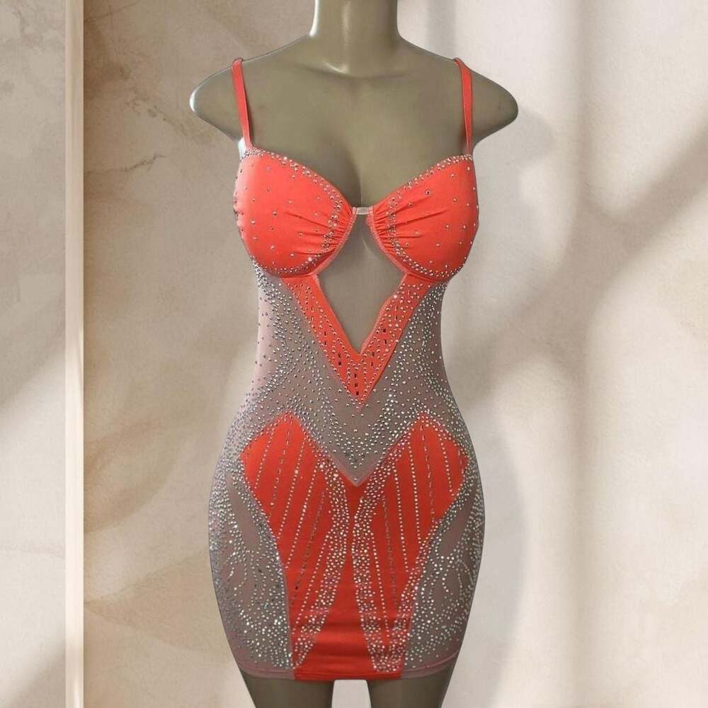 Orange Rhinestone Mini Dress – / Sheer Mesh Sexy Glam ✧ L